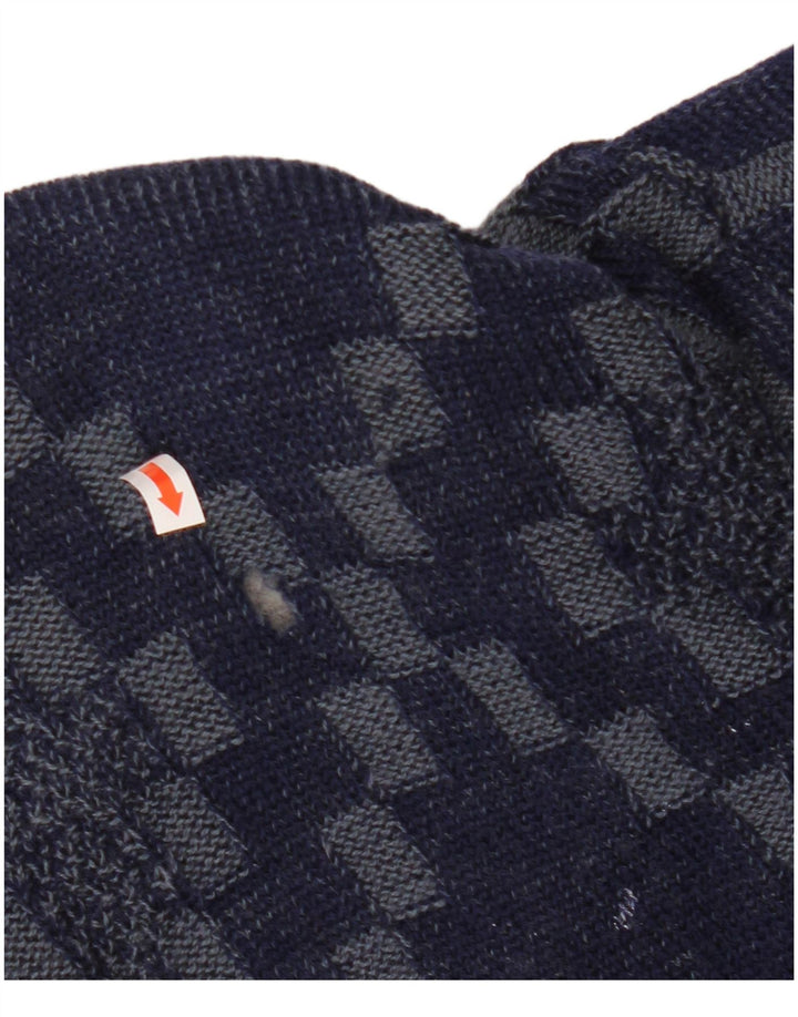 VINTAGE Homme Cardigan Pull Grand Bleu Marine Géométrique Viscose