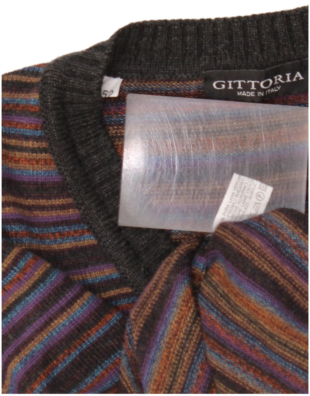 VINTAGE Pull col V homme IT 52 grande laine rayée multicolore