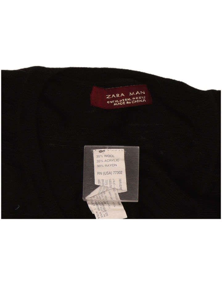 Zara Pull transparent à col en V pour homme XL en laine noire