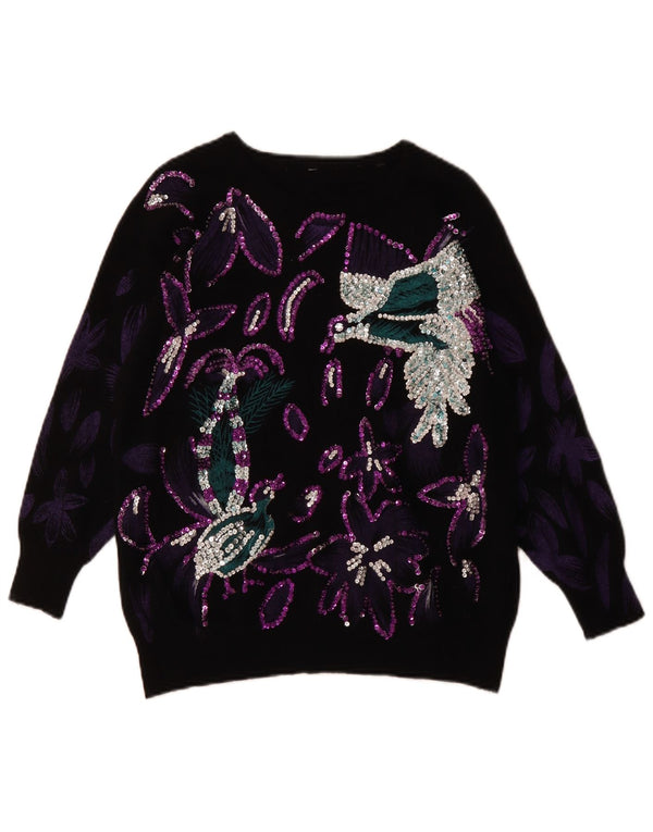 VINTAGE Femme Col Bateau Pull Pull UK 14 Grand Oiseau Floral Noir