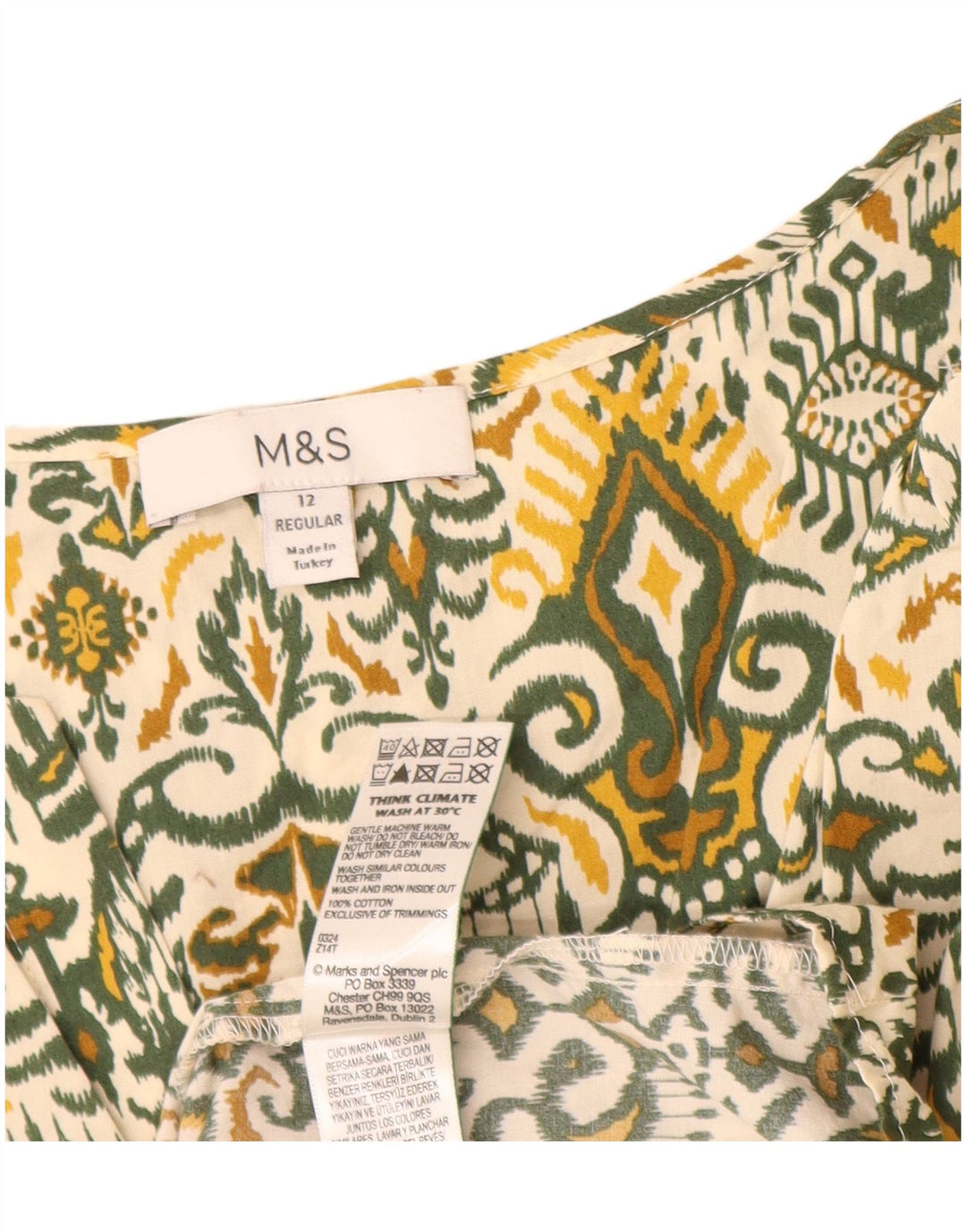 Marks & Spencer Robe trapèze régulière pour femme UK 12 en coton Ikat vert moyen