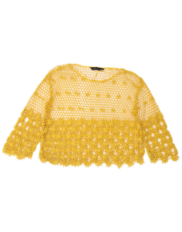 Zara Womens See Through Crochet Top Manches 3/4 UK 14 Jaune Moyen