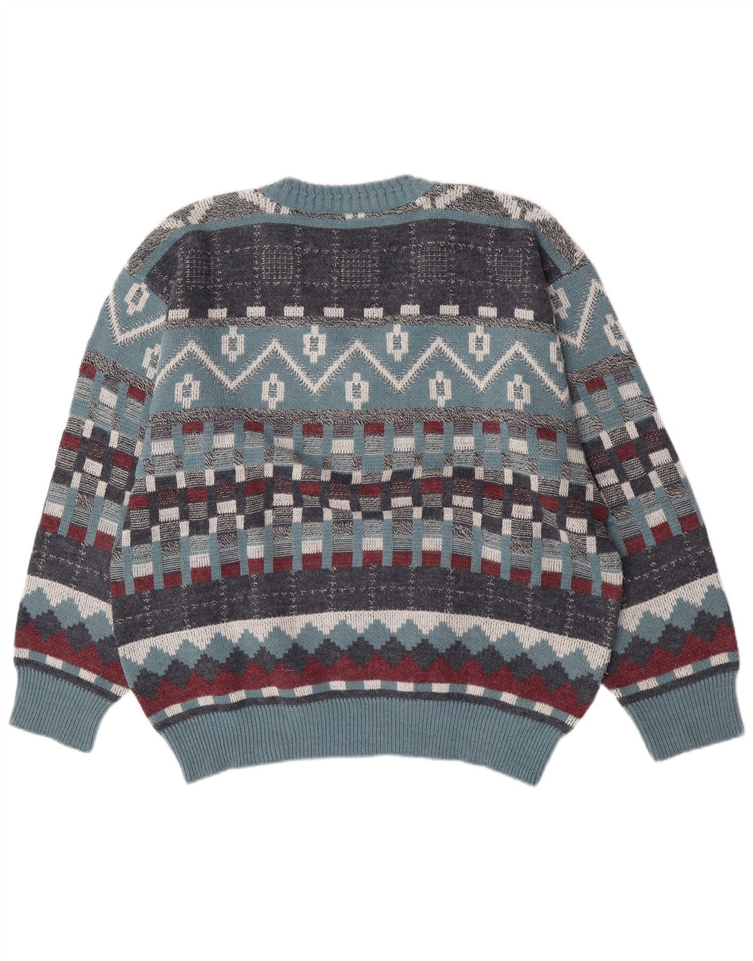 vintage Mens V-Col Jumper Pull Grande Laine Géométrique Bleue