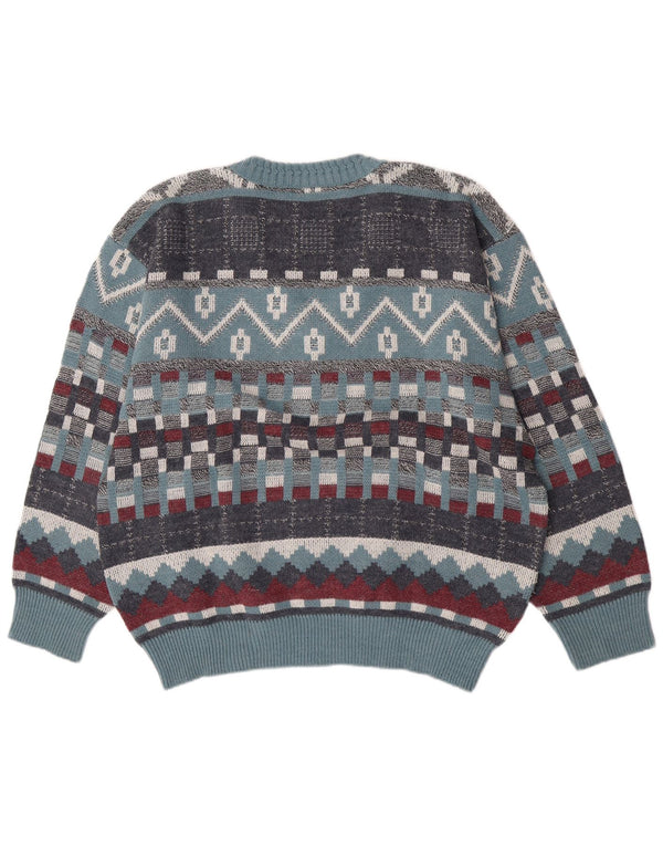 vintage Mens V-Col Jumper Pull Grande Laine Géométrique Bleue