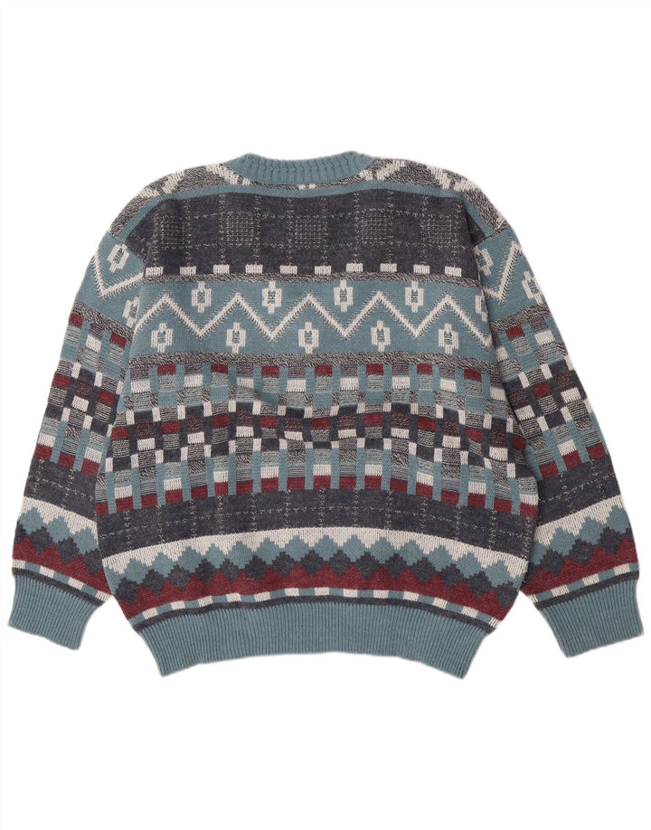 vintage Mens V-Col Jumper Pull Grande Laine Géométrique Bleue