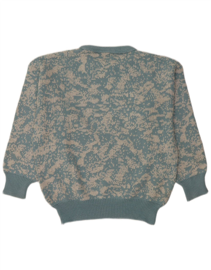 vintage Femmes Motif Abstrait Crew Neck Jumper Pull UK 16 Grand Bleu