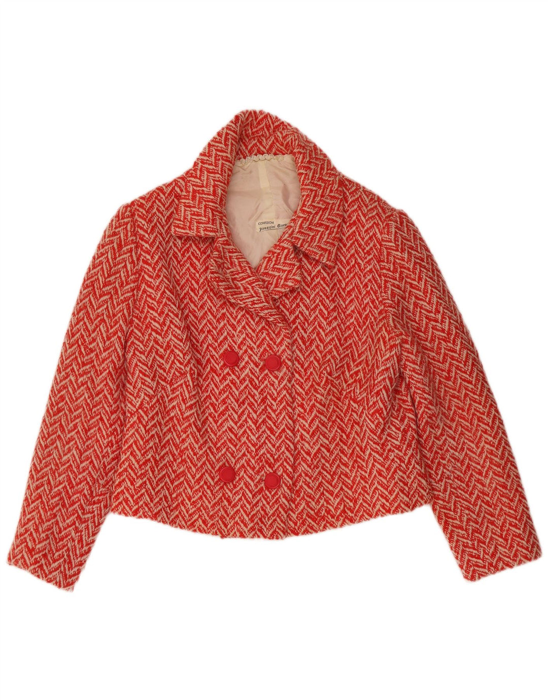 vintage Femmes Crop Double Breasted Blazer Veste UK 12 Chevron Rouge Moyen