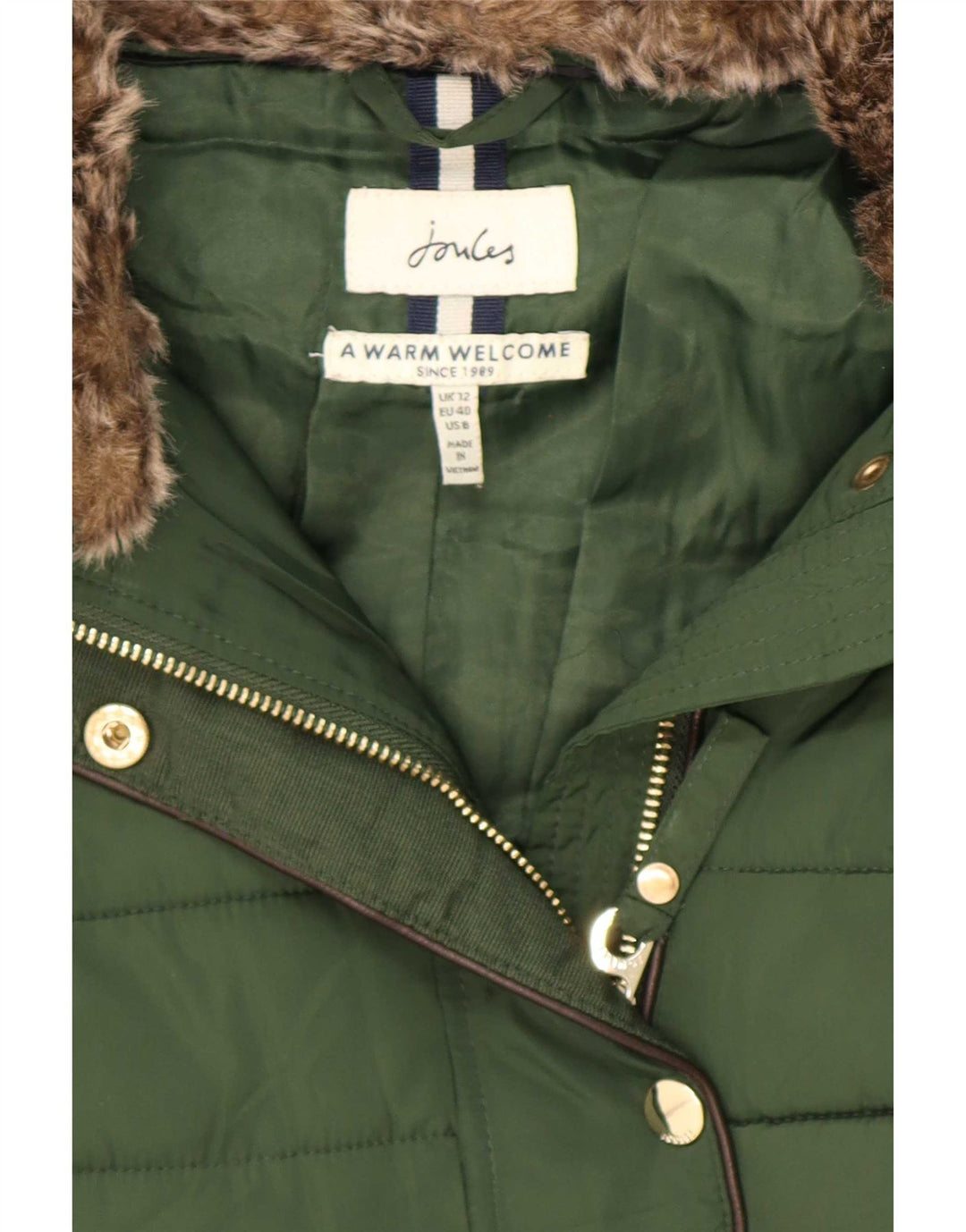 Joules Manteau matelassé à capuche pour femme UK 12 Vert moyen Polyester