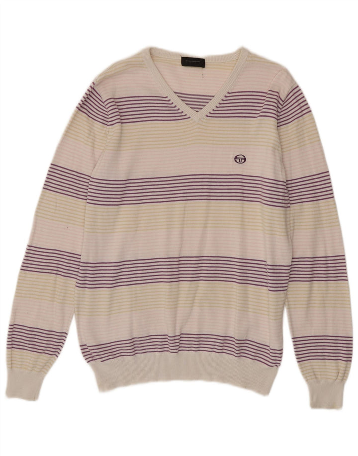 SERGIO TACCHINI Mens V-Neck Jumper Sweater Small Multicoloured Striped