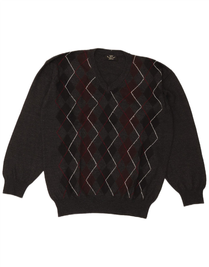 vintage Homme Col V Pull Pull XL Gris Argyle/Diamond Laine
