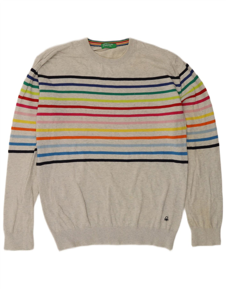 Benetton Pull Col Rond Homme Gris Moyen Rayé