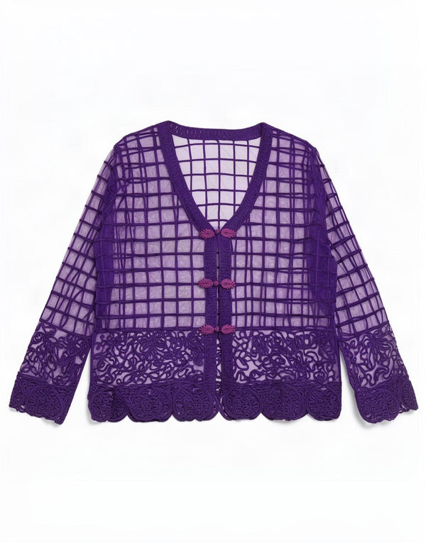 vintage Femmes Voir à travers la chemise Blouse UK 14 Moyen Violet Géométrique