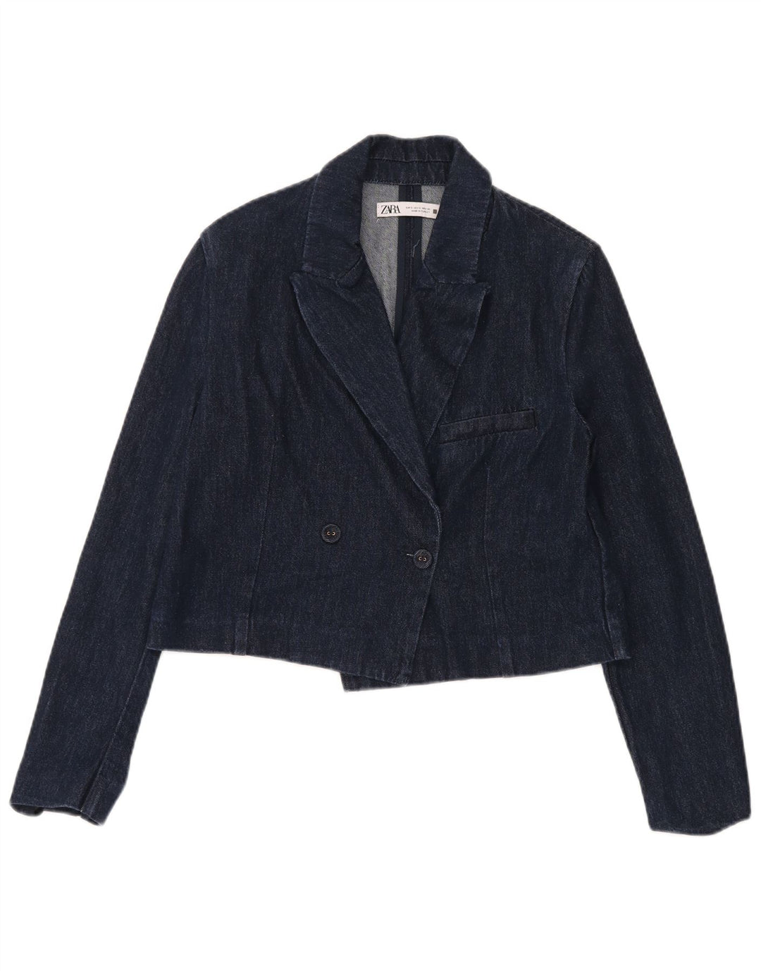 Zara Womens Crop Double Breasted Denim Blazer Veste UK 10 Petit Bleu Marine