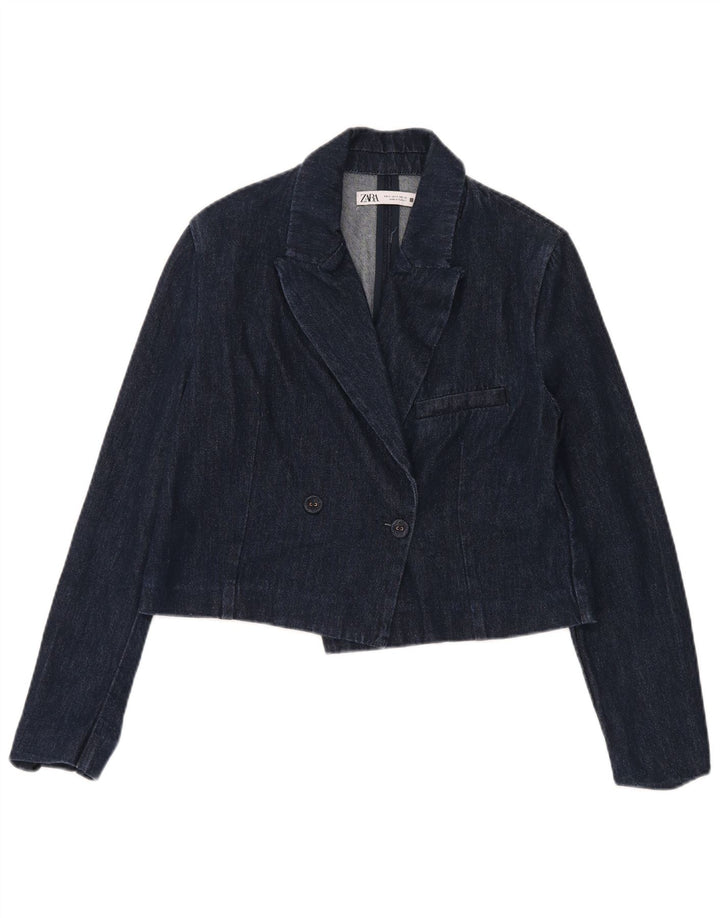 Zara Womens Crop Double Breasted Denim Blazer Veste UK 10 Petit Bleu Marine