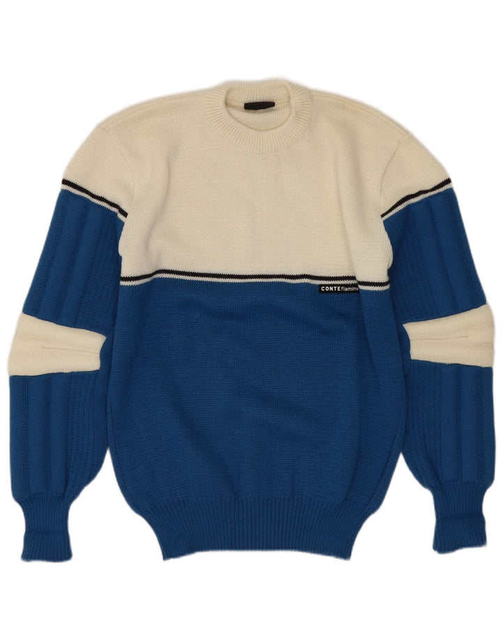 vintage Femme Crew Neck Jumper Pull IT 46 Grande Laine Colorblock Bleue