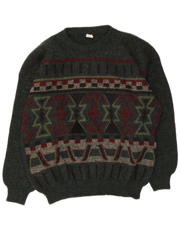 Vintage Mens Crew Neck Jumper Sweater Large Green Geometric Acrylic