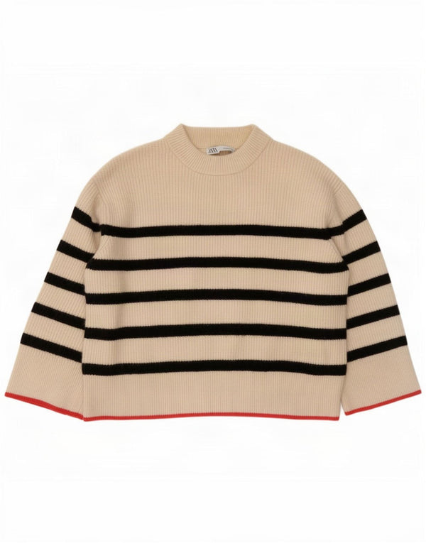 Zara Pull surdimensionné à col rond pour femme UK 14 Beige moyen rayé