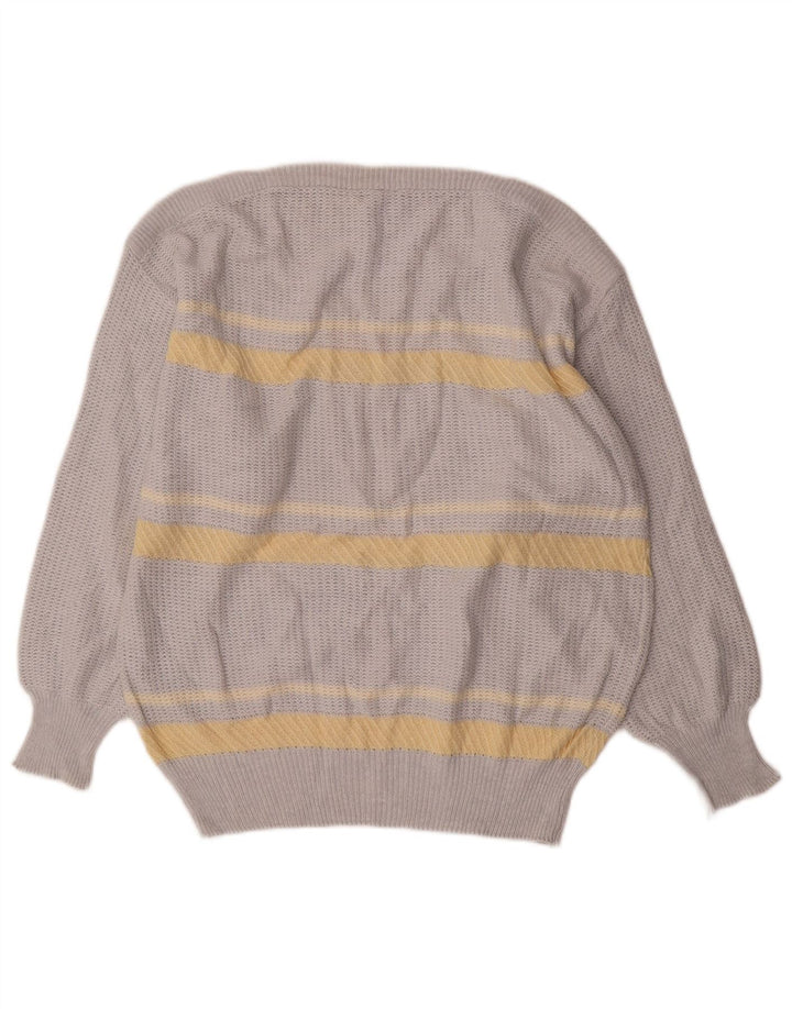 vintage Mens Boat Neck Jumper Pull Moyen Gris Rayé Coton