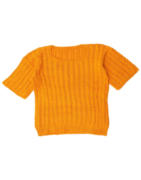 vintage Womens Crop Boat Neck Jumper Pull UK 14 Jaune Moyen