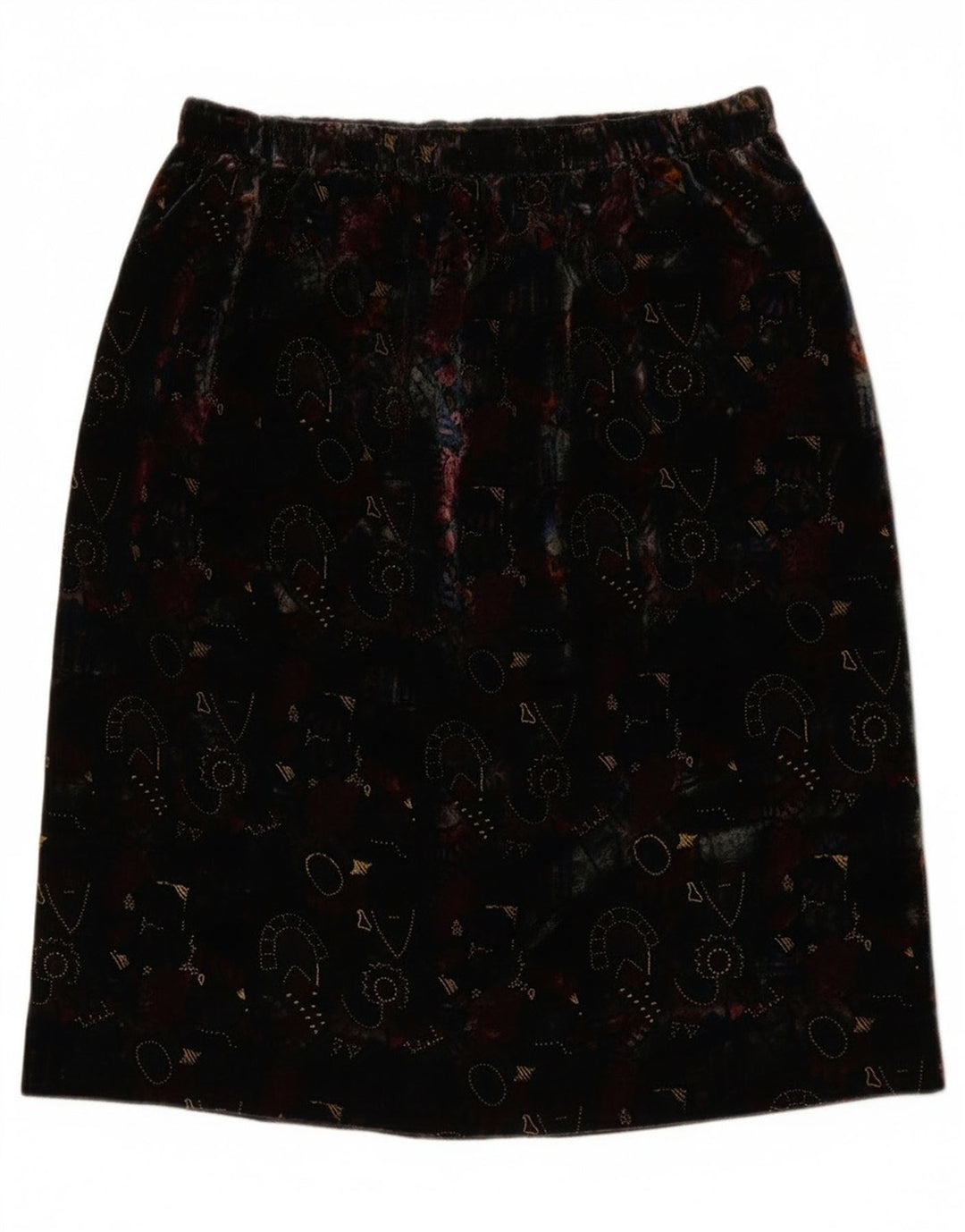vintage Femmes Motif Abstrait Velours Jupe Droite W28 Moyen Noir