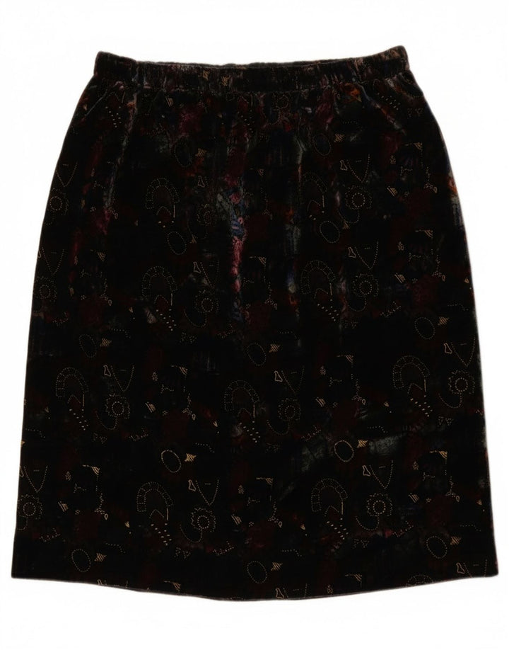 vintage Femmes Motif Abstrait Velours Jupe Droite W28 Moyen Noir