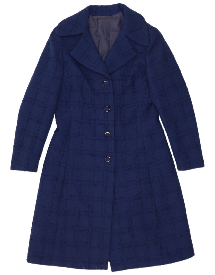 vintage Womens Overcoat UK 10 Petit chèque bleu marine