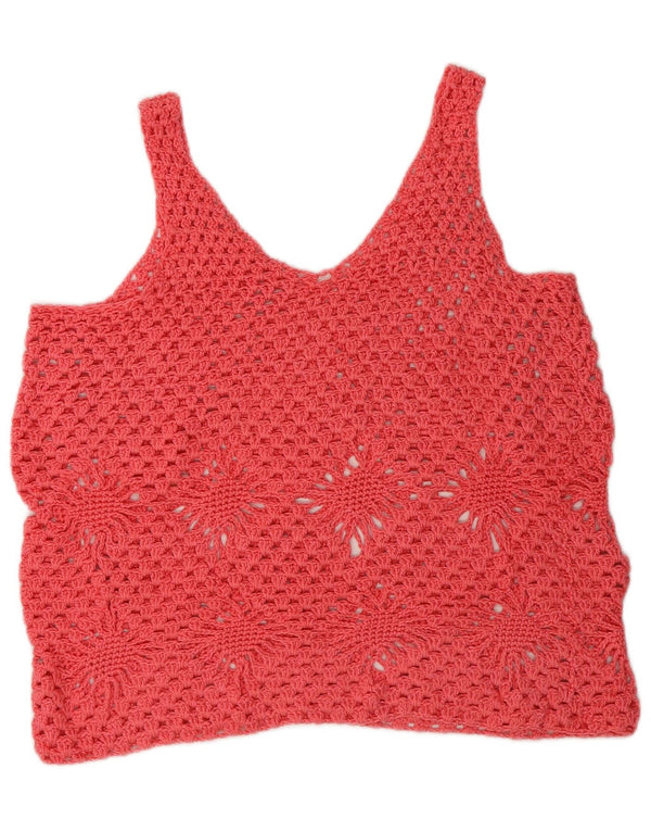 vintage Femmes Voir à travers Crochet Gilet Top UK 14 Moyen Rose Floral