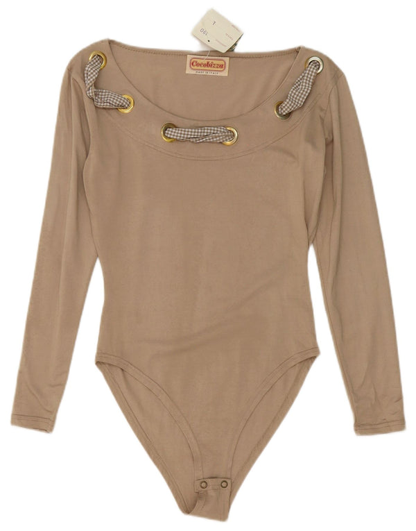 vintage Femme Manches Longues Body UK 14 Grande Viscose Beige