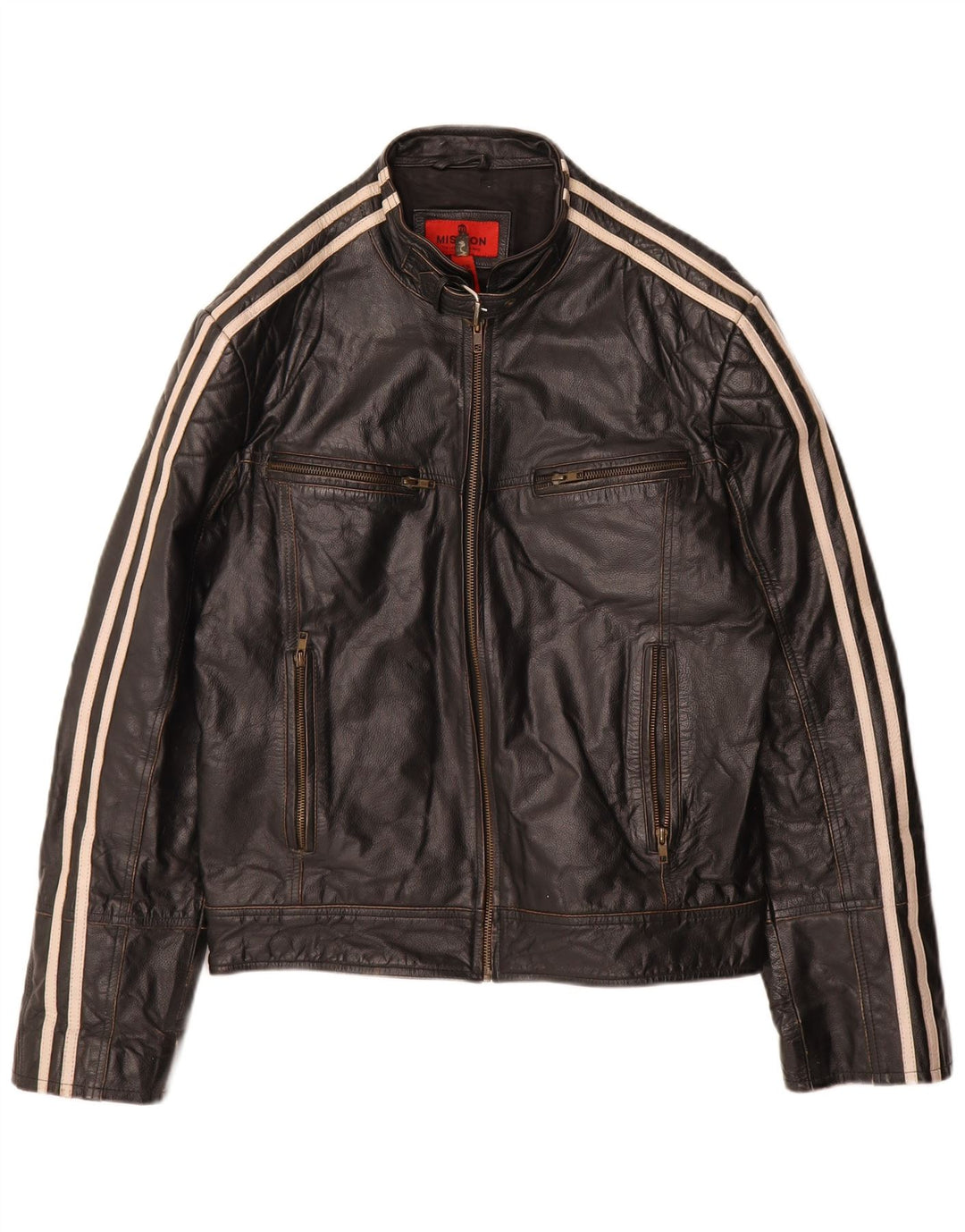 Mission Womens Moto Racer Veste en cuir UK 40 Grand cuir rayé noir