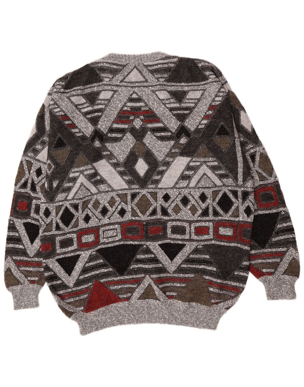 vintage Mens Crew Neck Jumper Pull UK 38/40 Gris Moyen Géométrique