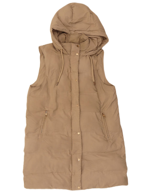 Zara Manteau rembourré sans manches à capuche pour femme UK 16 Large Beige Polyester