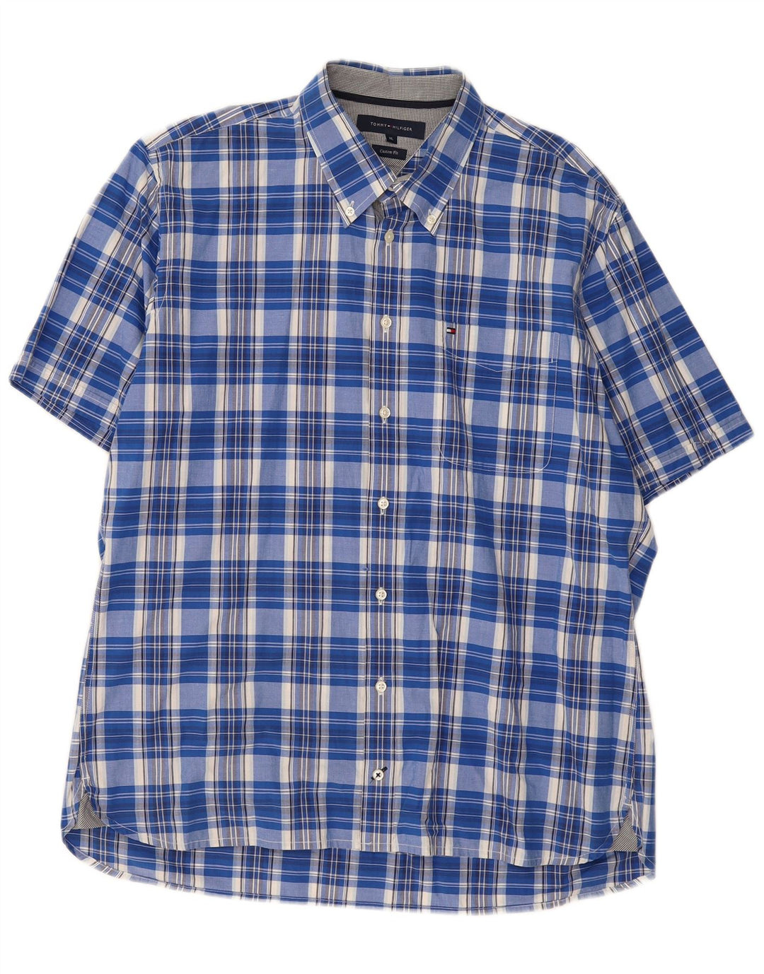 TOMMY HILFIGER Chemise à manches courtes pour homme Coupe personnalisée XL Bleu à carreaux en coton