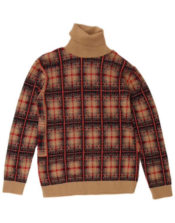 vintage Femmes Roll Neck Jumper Pull UK 18 XL Brown Check Laine