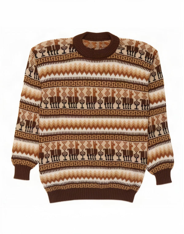 vintage Mens Crew Neck Jumper Pull Moyen Brun Fair Isle