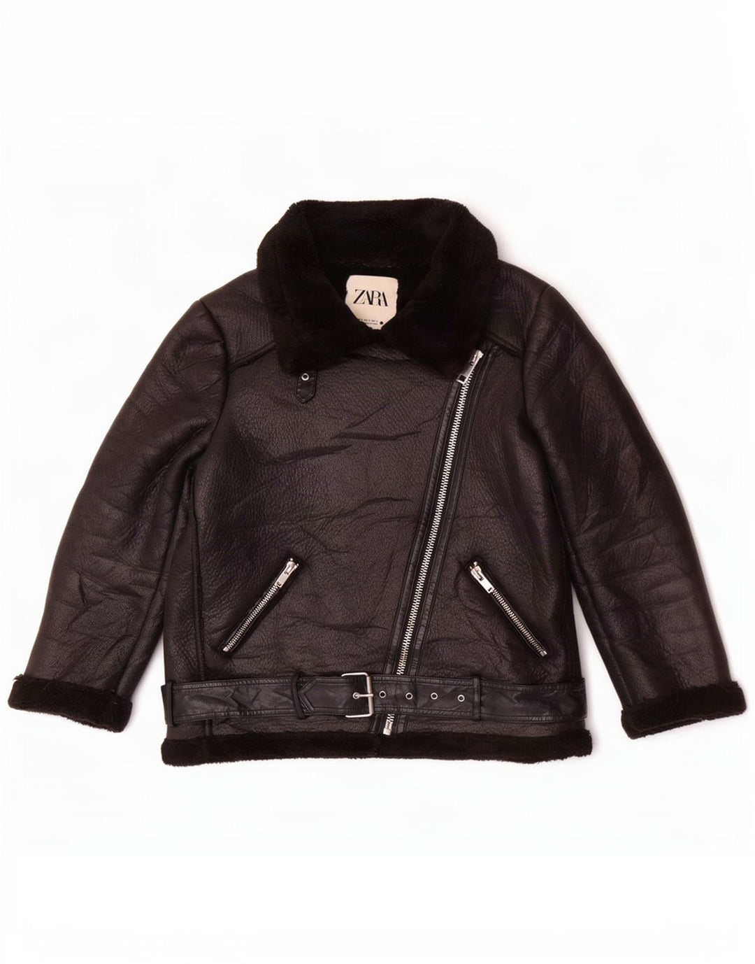Zara Veste de motard en simili cuir Sherpa pour femme UK 14 Noir moyen Polyester