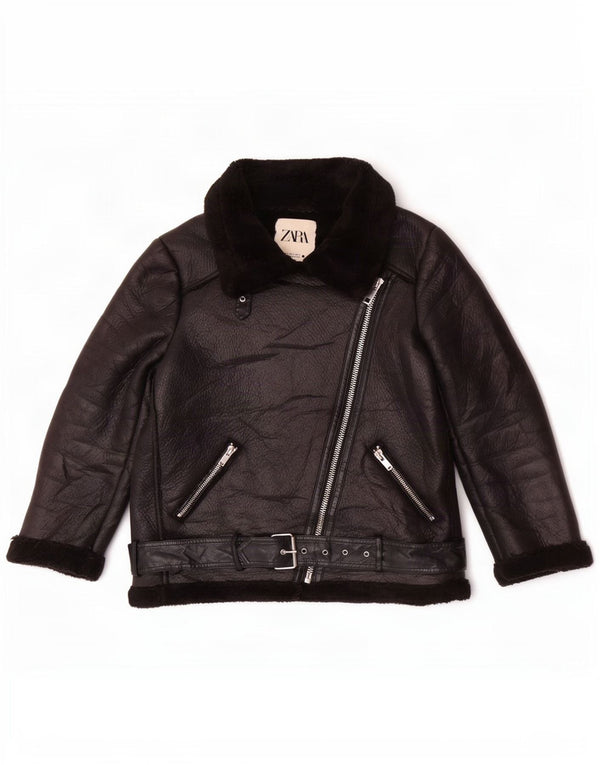 Zara Veste de motard en simili cuir Sherpa pour femme UK 14 Noir moyen Polyester