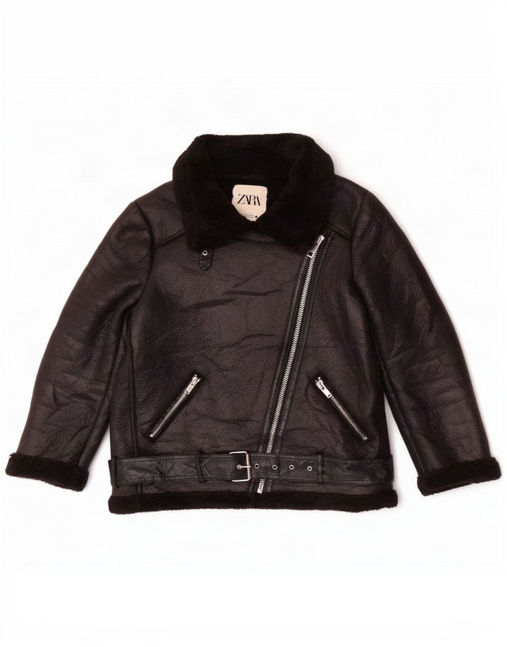 Zara Veste de motard en simili cuir Sherpa pour femme UK 14 Noir moyen Polyester