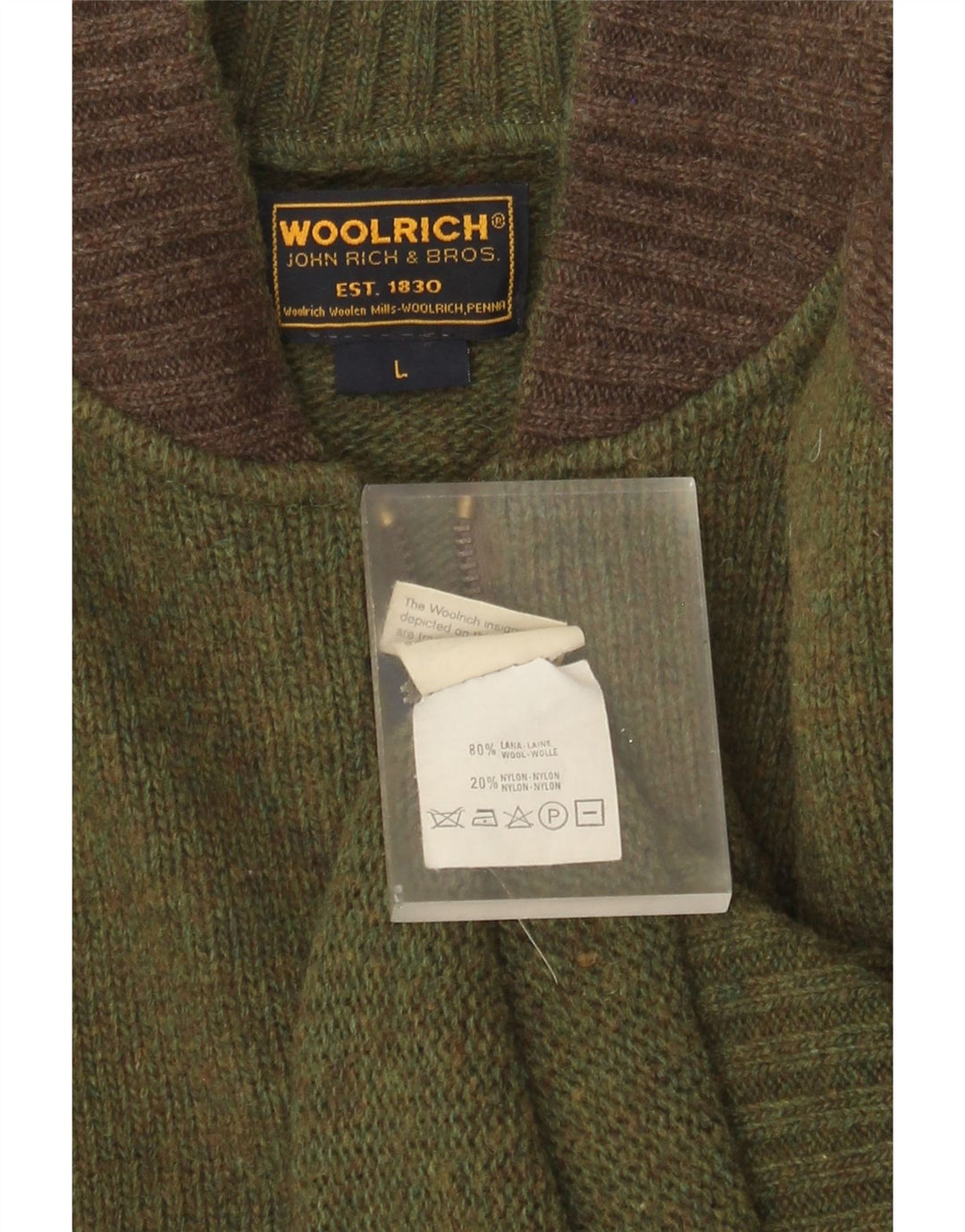 Woolrich Homme Graphique Cardigan Pull Large Vert Colorblock Laine