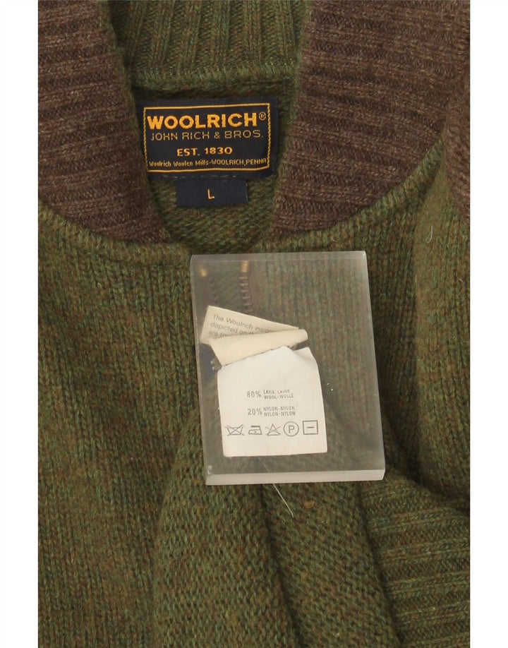 Woolrich Homme Graphique Cardigan Pull Large Vert Colorblock Laine
