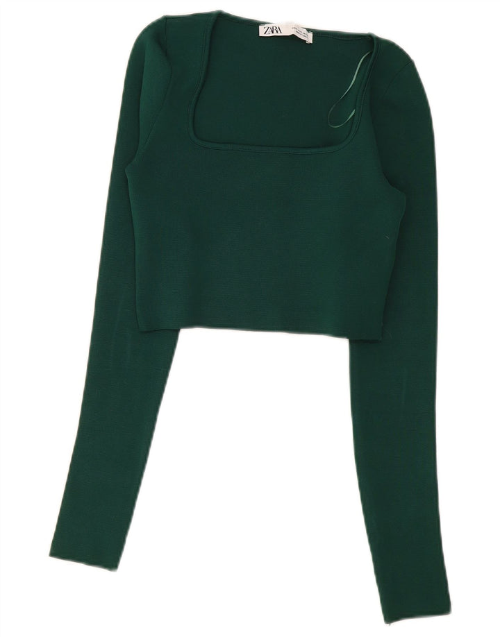 Zara Femme Crop Top Manches Longues UK 8 Petit Vert Polyester