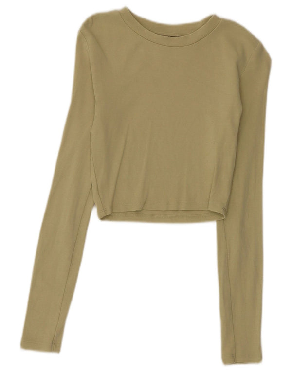 Zara Womens Crop Top Manches Longues UK 8 Petit Kaki Coton