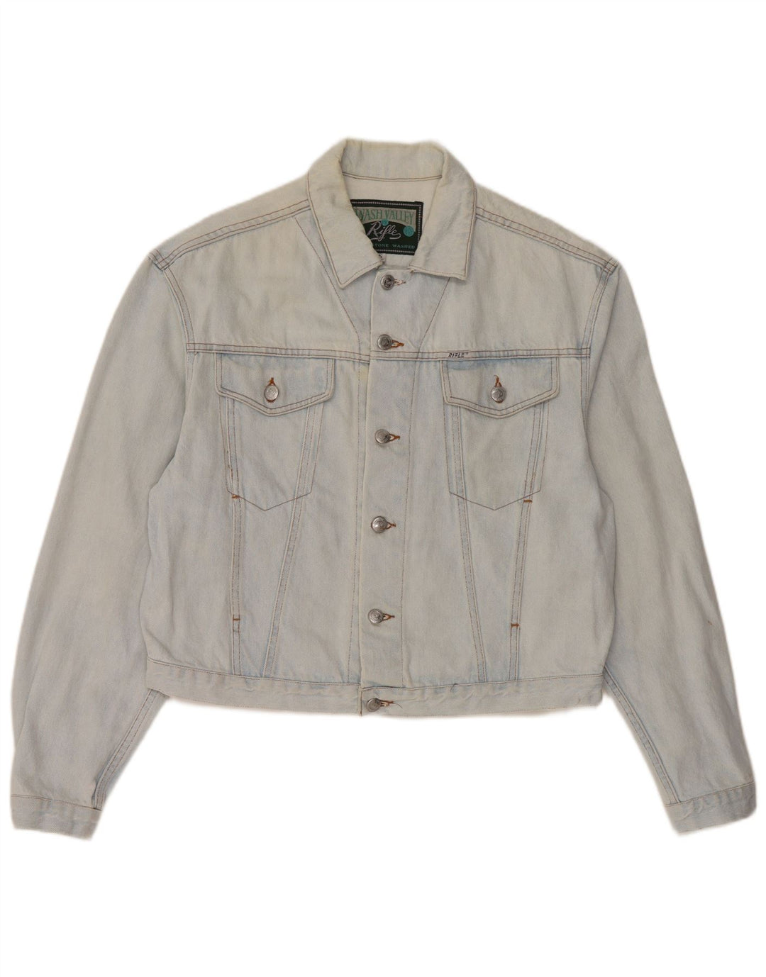 RIFLE Veste en jean surdimensionnée pour femme UK 10 Petit coton bleu