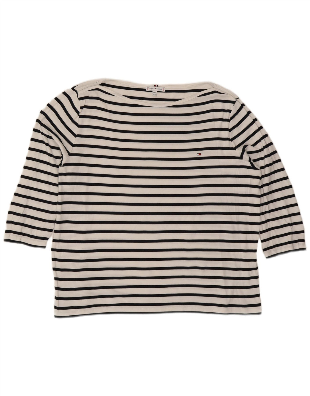 TOMMY HILFIGER Top Femme Manches 3/4 UK 24 4XL Coton Rayé Blanc