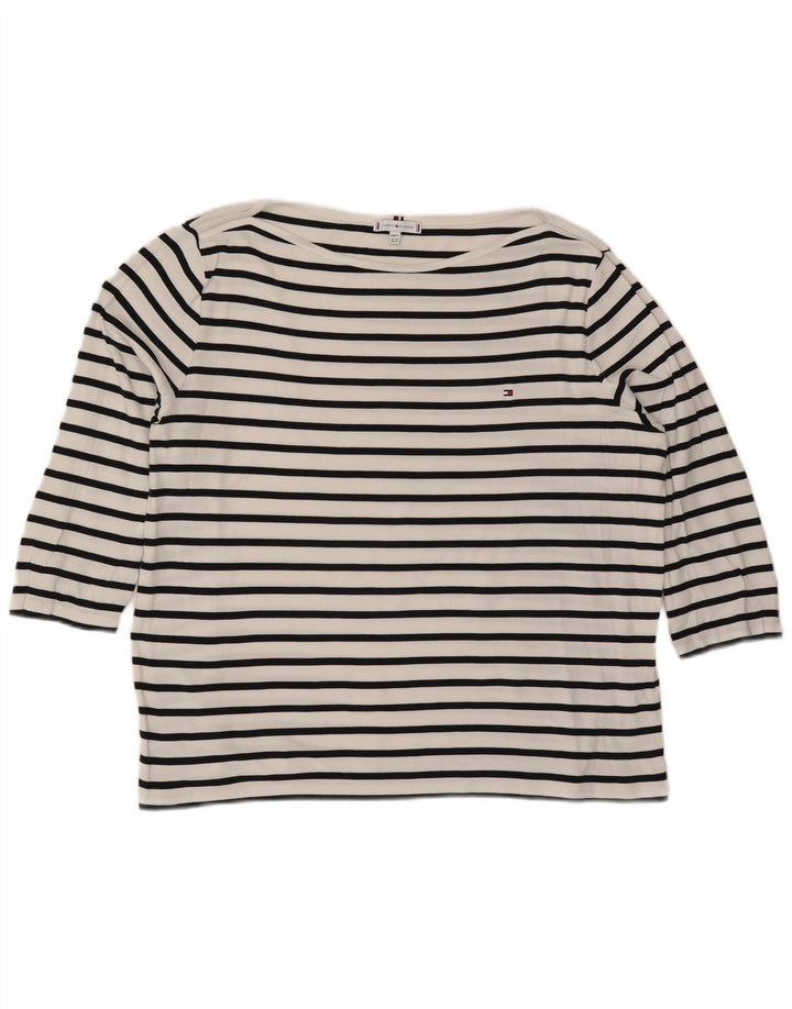 TOMMY HILFIGER Top Femme Manches 3/4 UK 24 4XL Coton Rayé Blanc