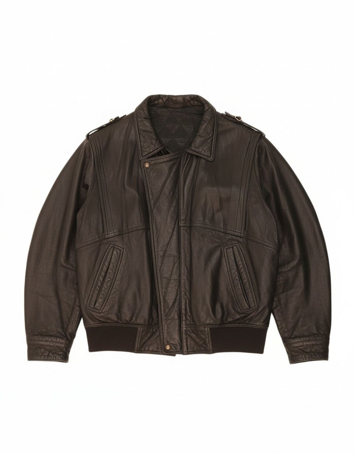 VINTAGE Veste en cuir homme UK 44 2XL Cuir noir