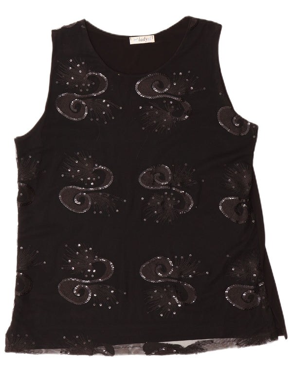 Vintage Womens Sleeveless Blouse Top UK 16 Large Black Paisley Viscose