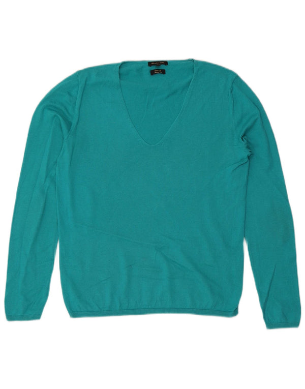 Massimo Dutti Pull col en V pour femme UK 12 Bleu moyen Coton