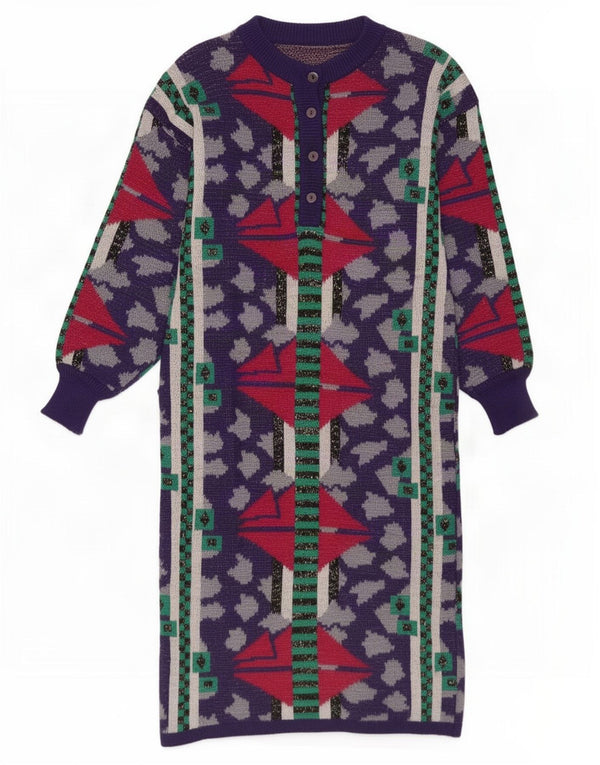 vintage Femme Manches Longues Jumper Robe IT 44 Moyen Violet Géométrique Laine