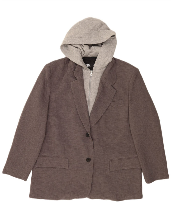 Zara Veste blazer à capuche 2 boutons pour femme UK 16 Large Gris