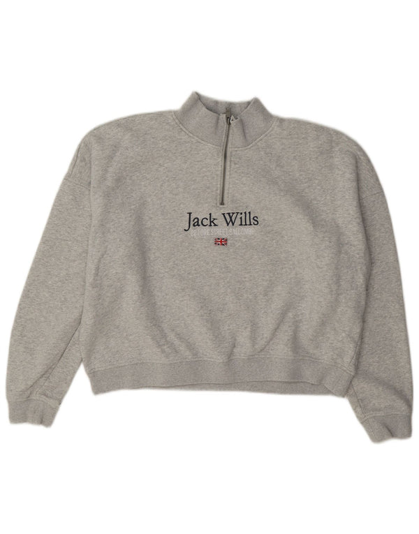 Jack Wills Femmes Crop Graphic Zip Neck Sweatshirt Jumper UK 14 Large Gris